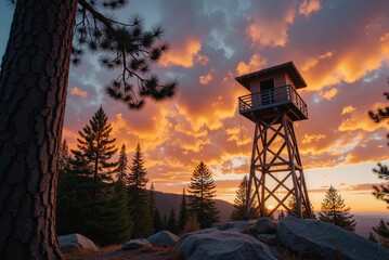 Forest Fire Watchtower Silhouette &ndash; Rustic Wooden Tower on Mountain Ridge at Sunset for Wildfire Awareness and Outdoor Adventure Content