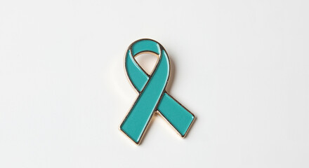 Teal Ribbon Lapel Pin &ndash; Cervical Cancer Awareness Symbol Isolated on White for Charity Campaigns and Health Education Materials