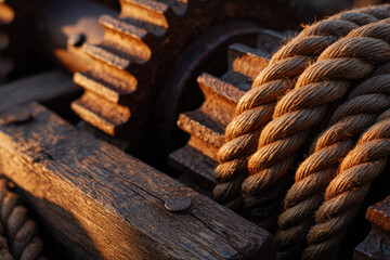 Roman siege engine detail with thick rope and wooden beam illuminated by warm sunlight, showing ancient mechanical construction and historical engineering design