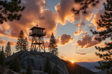 Forest Fire Watchtower Silhouette &ndash; Rustic Wooden Tower on Mountain Ridge at Sunset for Wildfire Awareness and Outdoor Adventure Content