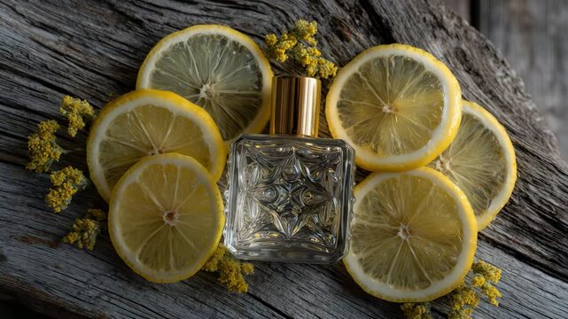 47Elegant natural scene of lemon slices arranged in a circular pattern around a vintage essential oil bottle, showcased on a gray-brown rustic wooden surface with subtle cinematic sh