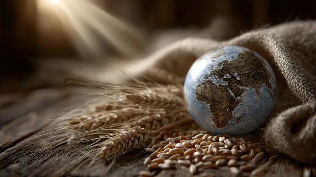 50A balanced arrangement of world globe, wheat ears, and scattered kernels, set on rustic burlap fabric with warm, directional light casting long shadows and emphasizing global food