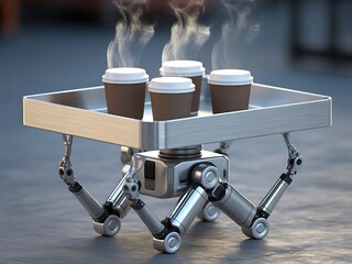 Futuristic robotic server carrying a tray of steaming hot coffee cups on a modern industrial floor