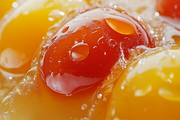 Vibrant egg yolks glistening with water droplets, a captivating display of rich orange and red hues, creating a mesmerizing culinary close-up.