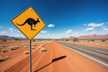 Kangaroo Crossing Road Sign on Red Dirt Highway for Australian Travel Guides and Outback Adventure Content