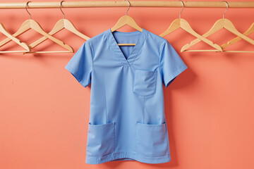 Colorful Medical Scrubs on Wooden Hangers &ndash; Teal Green, Soft Blue, and Lavender Purple for Healthcare Awareness Campaigns and Clinic Decor