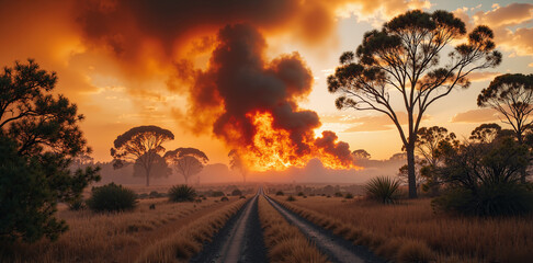 Wildfire Consuming Dry Grassland &ndash; Dramatic Flames and Smoke Under Sunset Sky for Environmental Awareness Content