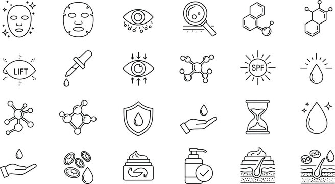 Complete set of skincare and dermatology line icons featuring facial masks anti-aging serums SPF protection molecular structures and skin cell regeneration symbols