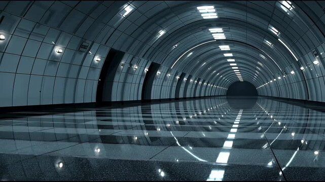 The camera moves through an empty tunnel with bright lights, showcasing smooth floors and walls. Shadows appear along the path