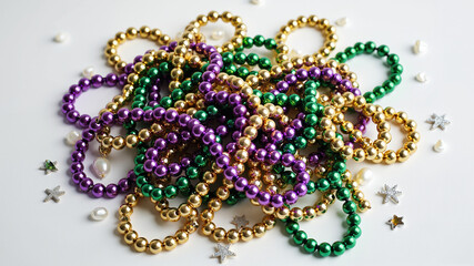Mardi Gras Bead Pile &ndash; Purple, Green, and Gold Plastic Necklaces with Pearls for Party Decorations, Carnival Themes, and Festive Graphics
