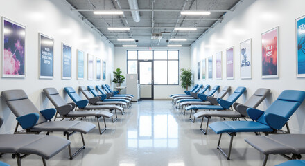 Blood Donation Center Interior &ndash; Empty Reclining Chairs and Motivational Posters for Healthcare Awareness Campaigns