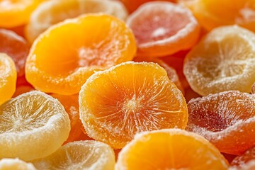 A vibrant pile of sun-dried citrus slices, bursting with juicy sweetness and a light dusting of sugar, a delightful treat for the senses.
