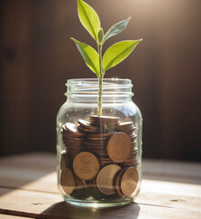 Charity Jar with Coins and Sprouting Plant &ndash; Symbol of Sustainable Investment and Growth for Donation Campaigns and Eco-Finance Concepts