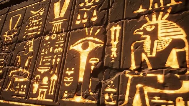 Pan shot of mysterious Egyptian writing on rock surface with magical golden glow illuminating the dark history