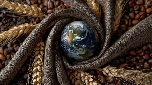 62Flat lay of a globe positioned at the center of coarse burlap fabric, surrounded by wheat clusters and grain piles, forming a radial pattern with warm tones and rich material textu