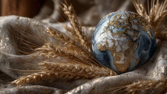 63Earthy, natural still life featuring a globe placed on rough burlap surrounded by golden wheat stalks, with fine grains sprinkled throughout for a rich, tactile agricultural compos