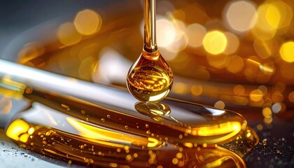 Golden Honey Droplet Falling Slowly Onto Reflective Surface with Soft Bokeh Background Lighting