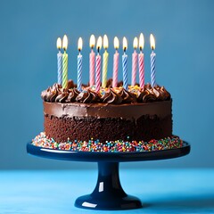A decadent chocolate birthday cake adorned with colorful candles and sprinkles, ready to celebrate a joyous occasion against a vibrant blue backdrop.