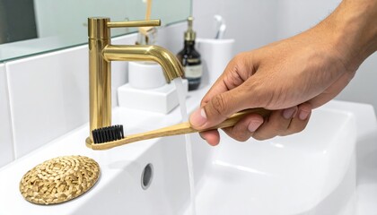 Close Up Of A Hand Rinsing A Bamboo Toothbrush Under A Golden Faucet In A Modern White Bathroom Sink With Natural Lighting