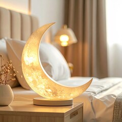 Crescent Moon Lamp Illuminates Cozy Bedroom With Soft Warm Light On A Nightstand Beside A Bed With White Linens