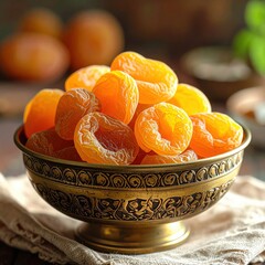 Golden Dried Apricots Piled High In An Ornate Bronze Bowl With Intricate Carvings And A Soft Bokeh Background