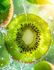 Fresh Kiwi Fruit Splashing in Water with Green Leaves