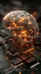 Brain composed of metallic and electronic components on a circuit board with warm lighting against a dark background