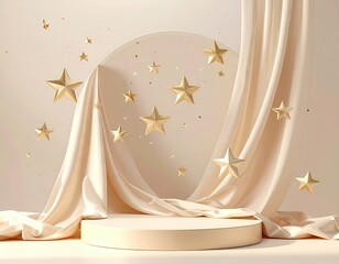 Elegant Cream Pedestal Display with Golden Stars and Draped Fabric Against a Softly Lit Backdrop