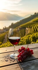 Wine Glass and Grapes on Wooden Table with Vineyard Background.