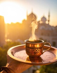 Steaming Hot Beverage in Ornate Copper Cup on Tray With Blurred Cityscape at Golden Hour Sunset