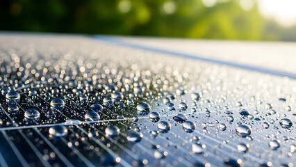 Close-up macro shot of water droplets on a solar panel surface in natural sunlight, highlighting sustainability and renewable energy technology
