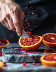 Close up of a hand slicing a vibrant red orange on a dark marble surface with juice splashing captured in motion with dramatic lighting