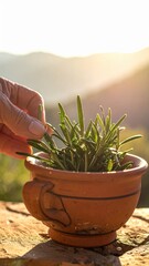 Close-up Of Hand Gently Picking Green Rosemary Sprigs From A Terracotta Pot On A Sunny Day With Soft Golden Light