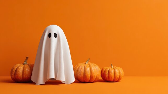 A whimsical Halloween scene featuring a friendly ghost with large, dark eyes and three vibrant pumpkins against an orange backdrop