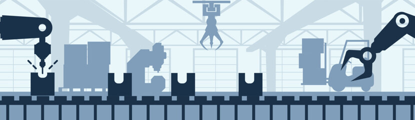 Industrial factory interior. Industry 4.0 assembly line, conveyor belt with robotic arms and machinery vector background illustration. EPS 10.