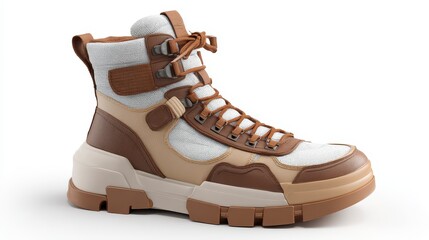A modern, high-top boot features a rugged sole, contrasting colors, and intricate details, hinting at outdoor adventure and urban style