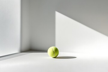 A lone tennis ball rests in a sunlit corner, a moment of quiet before the game, bathed in soft light and shadow.