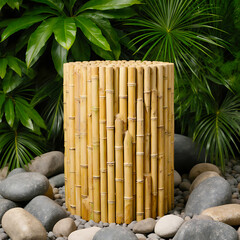Artisan Bamboo Stick Podium with Decorative River Stones and Tropical Palm Leaves Background