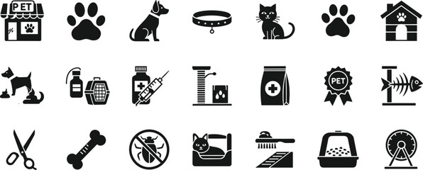 Obraz premium Pet Care and Veterinary Icon Set with Animals, Accessories and Medical Symbols Isolated Vector