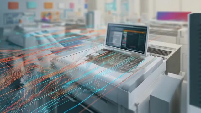Closeup medium shot showing workflow integration of digital twin prepress preview software highlighting seamless transition from design to print.