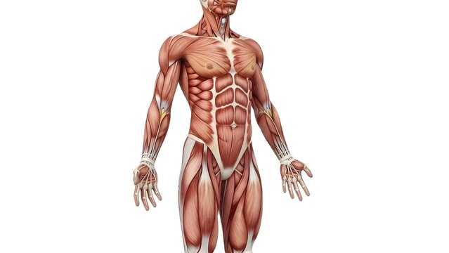 Highly detailed anatomical illustration of the human muscular system displaying major muscle groups of the full body for fitness, medical, and educational purposes