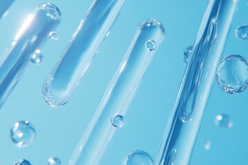 Pure water droplets cascading down translucent tubes, a refreshing visual of crystalline clarity against a serene light blue backdrop.