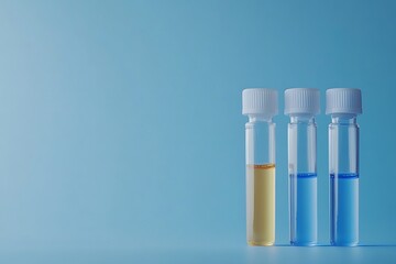 Three vials containing vibrant yellow and blue liquids stand against a serene light blue background, a study in contrasts and scientific precision.