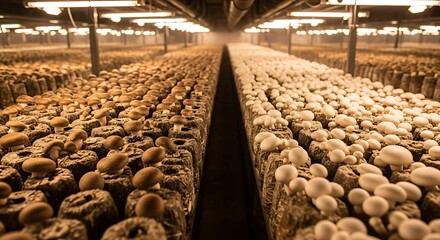 Mushroom Farm - Rows of Cultivated Edible Fungi.