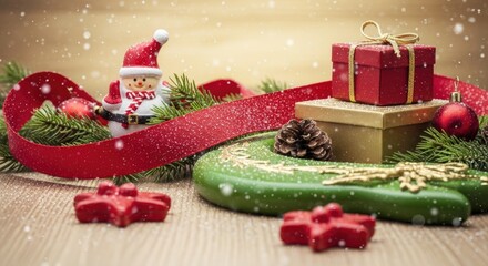 Christmas decorations with a snowman, presents, and pine cones on a wooden table with a red ribbon and snow falling.