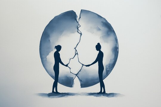 Two People Holding a Cracked Circle, Relationship Breakdown and Healing Concept