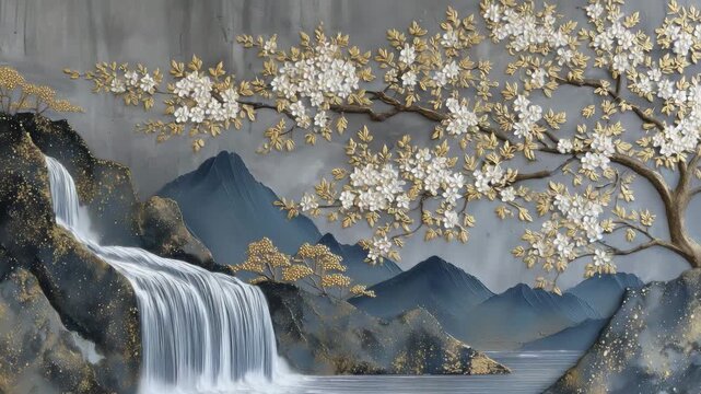109Concrete wall transformed by a detailed stucco relief of a Japanese landscape, including a cascading waterfall, high mountain peaks, and softly scattered cherry blossom petals ador