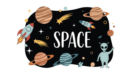 A retro-style space-themed illustration featuring an alien, rockets, and planets with SPACE typography on a dark background.