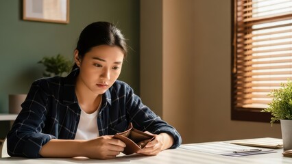 A woman sitting at a desk and looking at her phone with a concerned expression