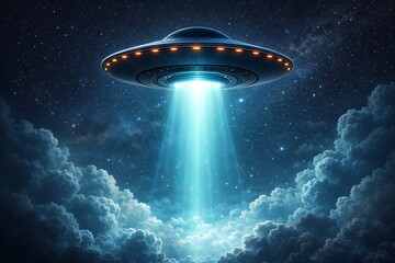 Mysterious UFO spaceship hovering in the starry night sky, emitting a bright blue beam of light onto fluffy clouds.